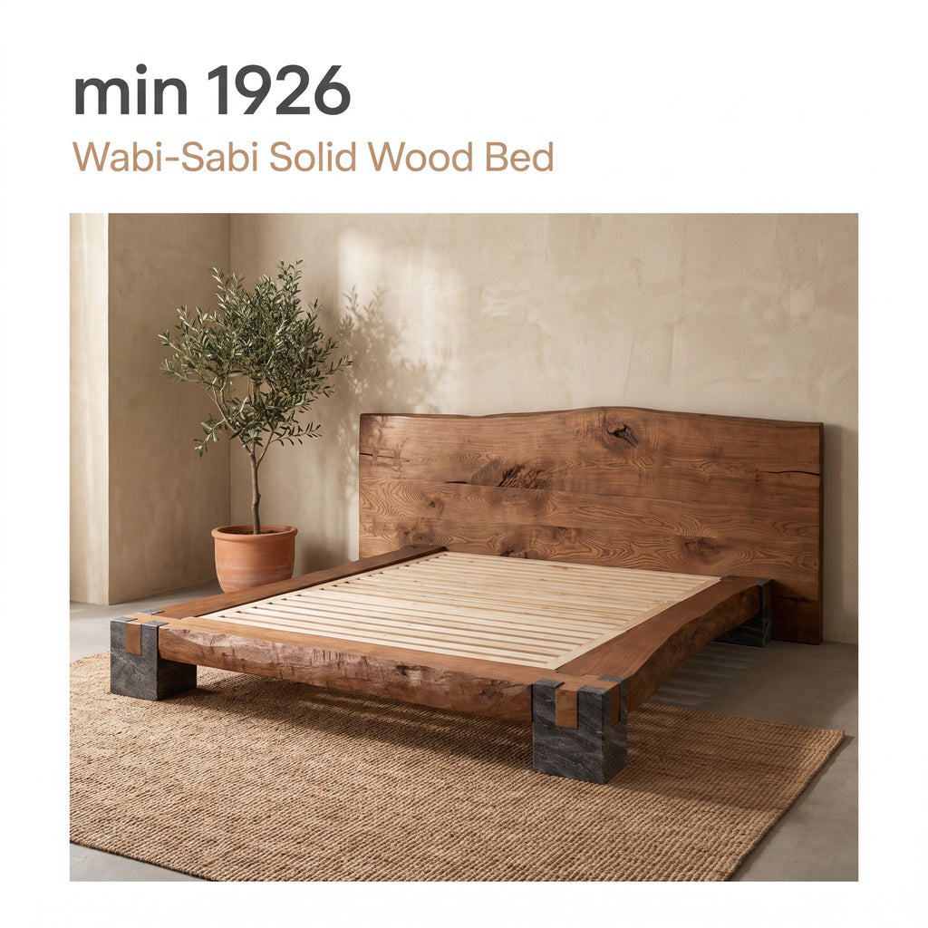 Live Edge Solid Wood Bed Natural Stone Support Bed Frame