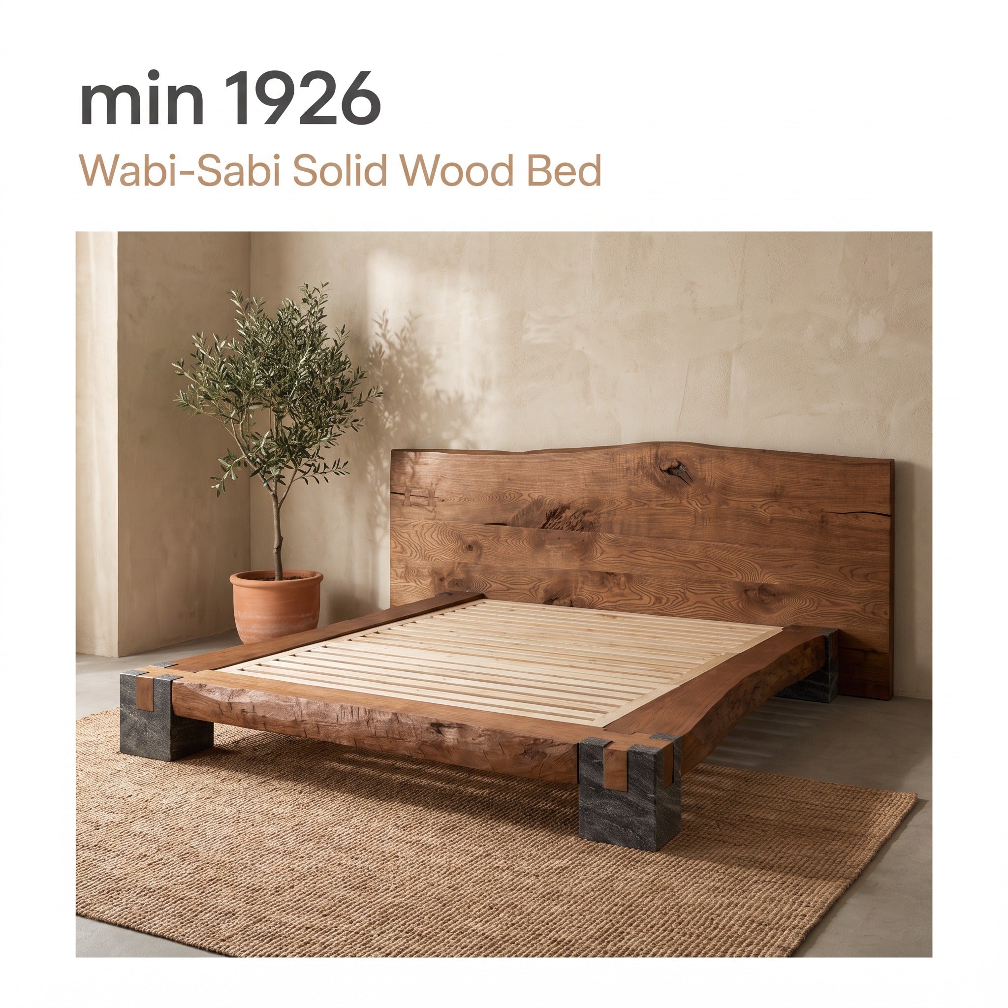 Live Edge Solid Wood Bed Natural Stone Support Bed Frame