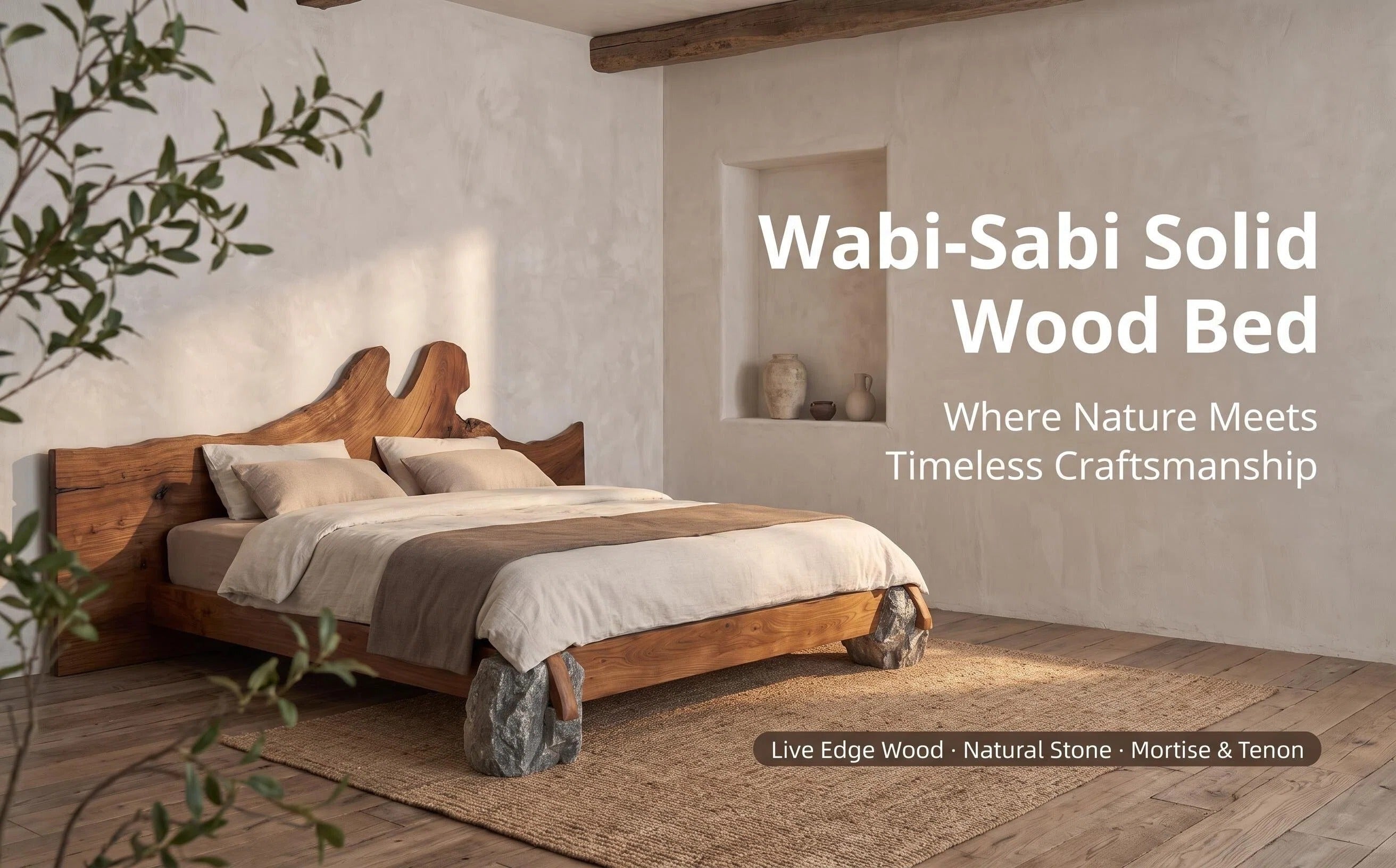 Live Edge Solid Wood Bed Natural Stone Support Bed Frame