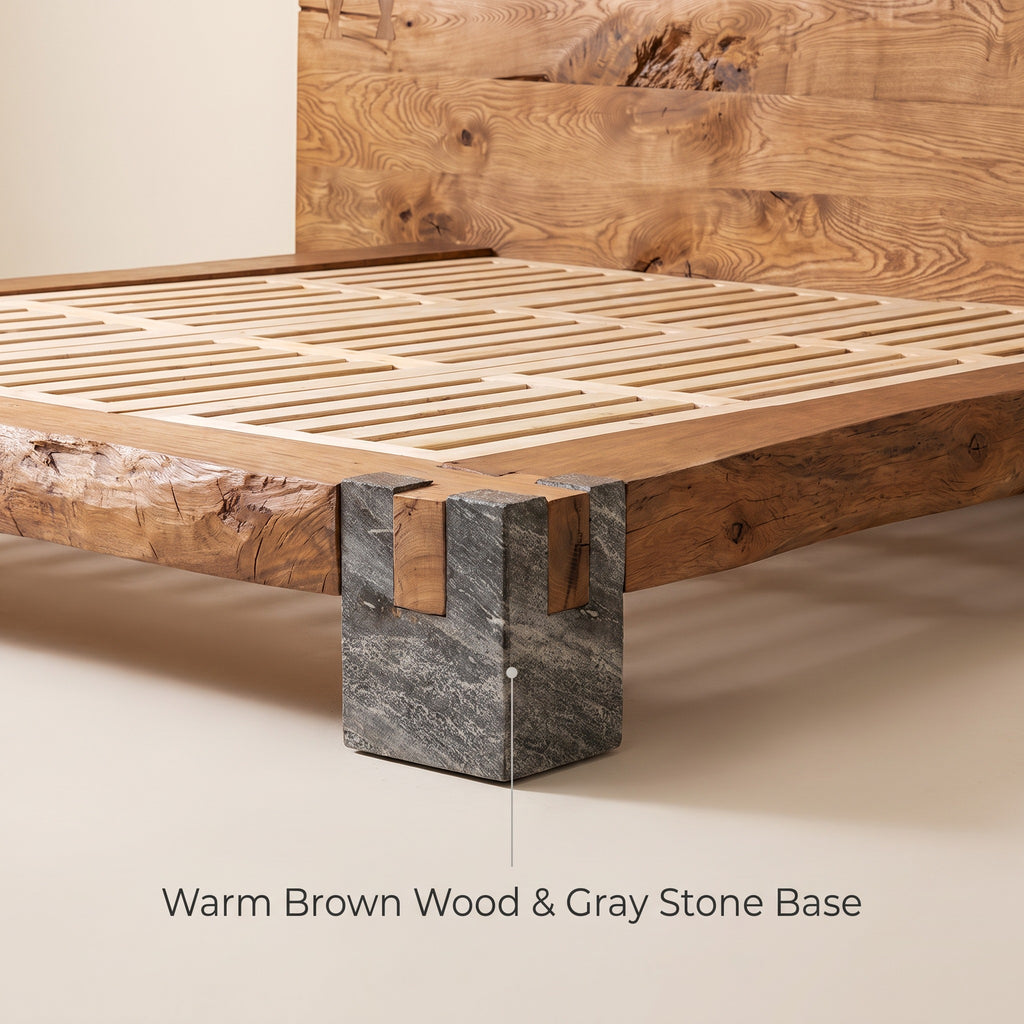 Live Edge Solid Wood Bed Natural Stone Support Bed Frame
