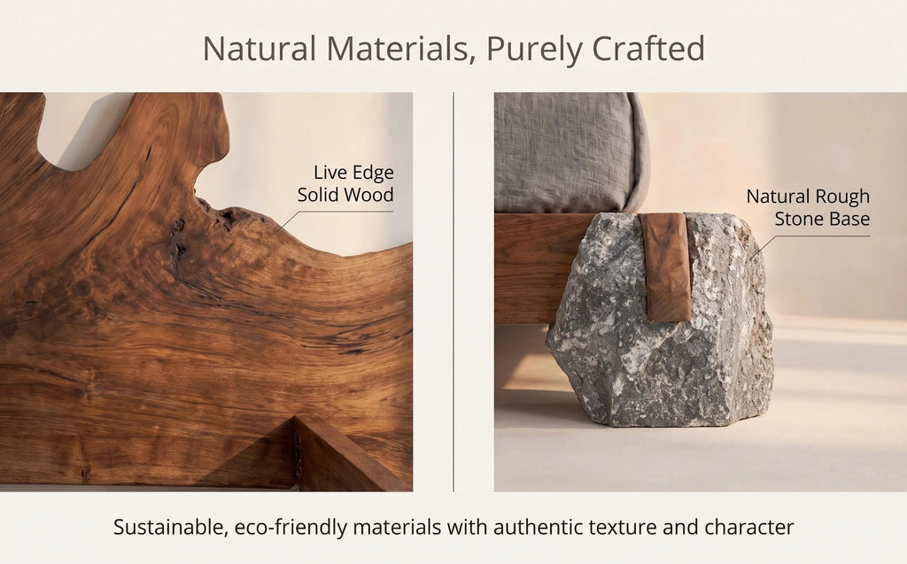 Live Edge Solid Wood Bed Natural Stone Support Bed Frame
