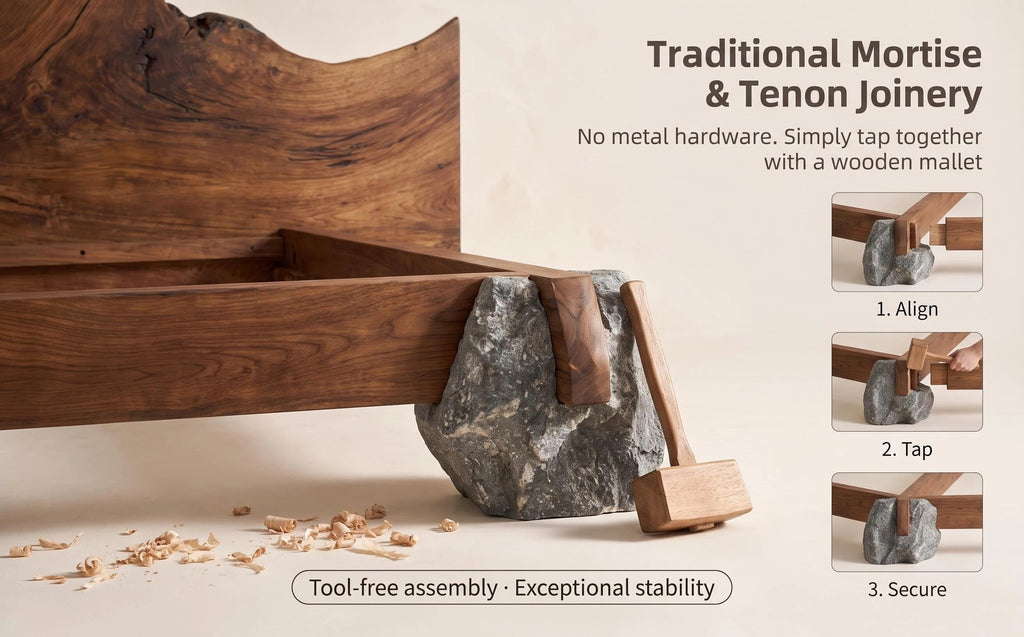 Live Edge Solid Wood Bed Natural Stone Support Bed Frame