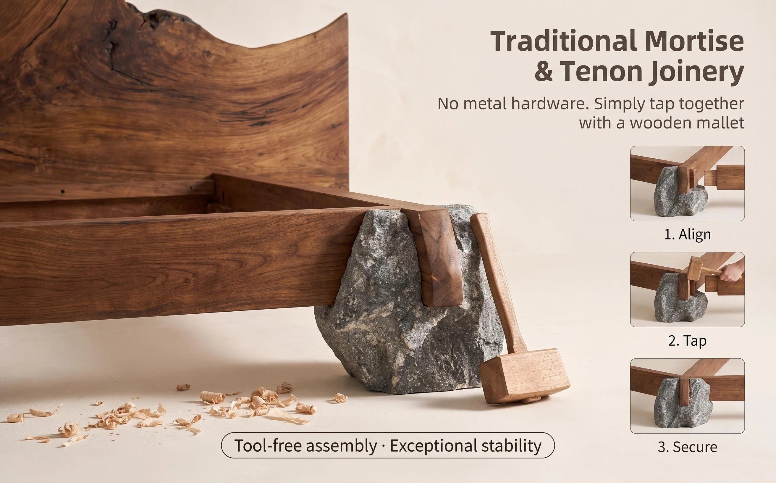 Live Edge Solid Wood Bed Natural Stone Support Bed Frame