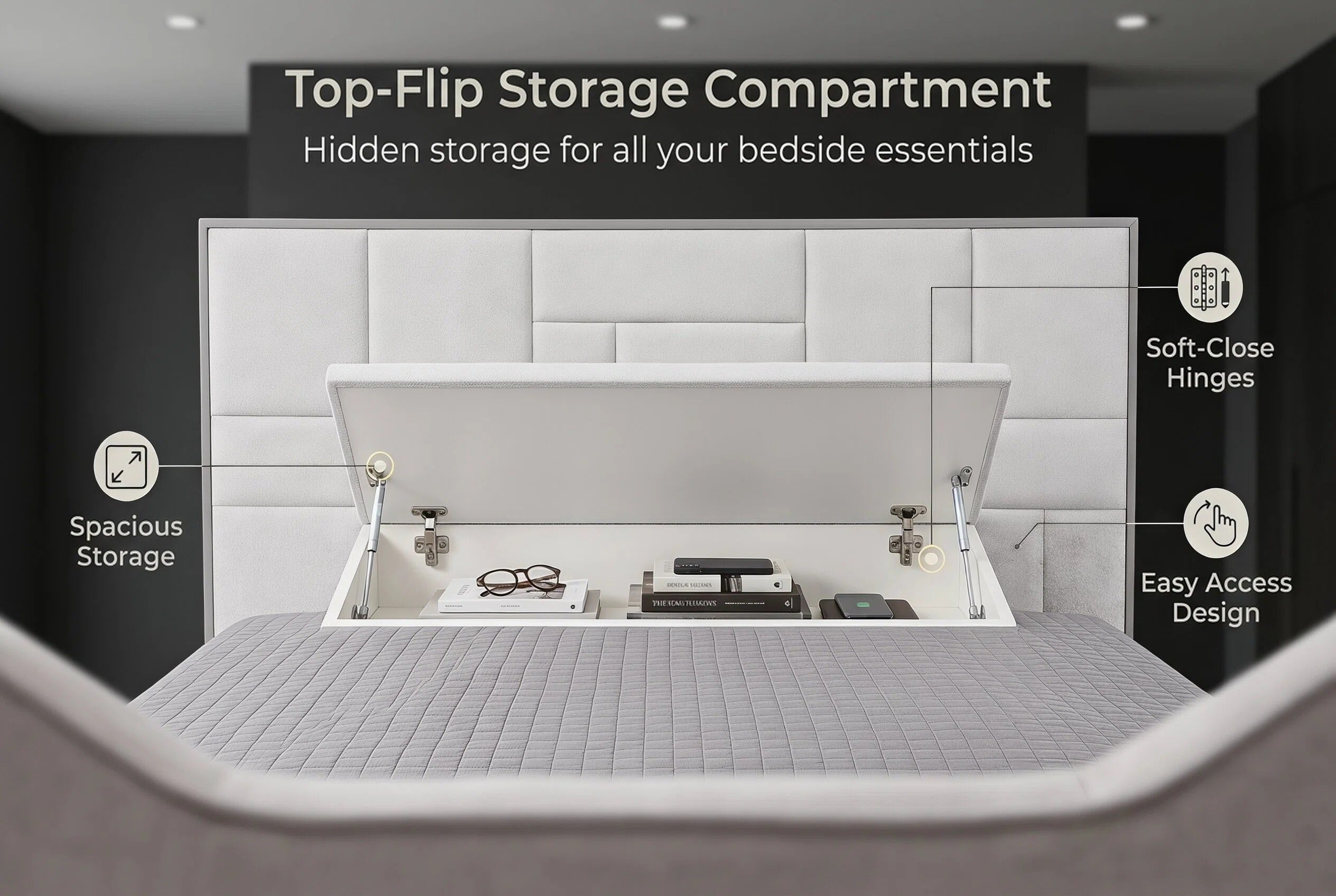 Upholstered Hydraulic Lift Storage Bed Frame With LED Light