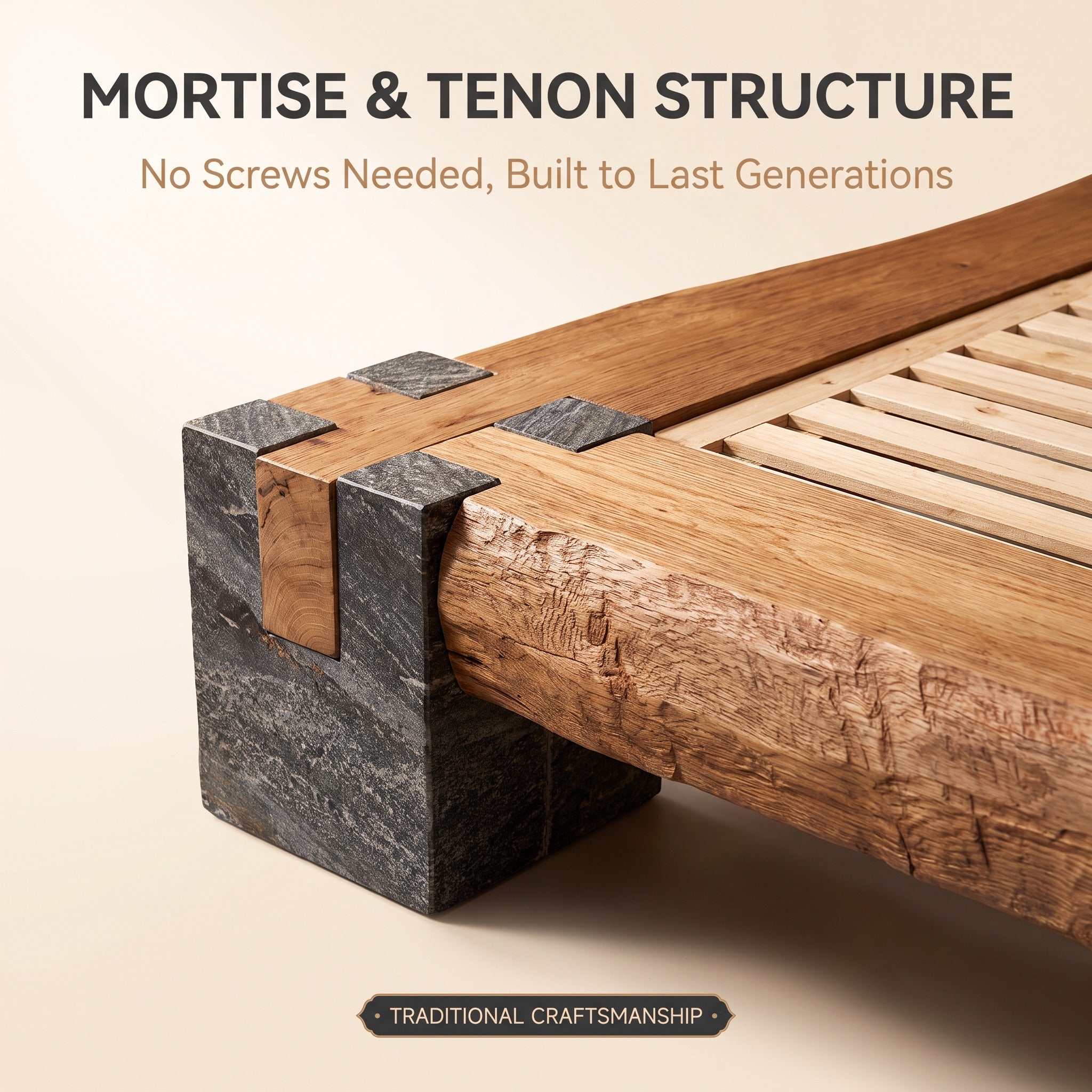 Live Edge Solid Wood Bed Natural Stone Support Bed Frame