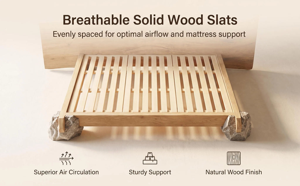 Live Edge Solid Wood Bed Natural Stone Support Bed Frame