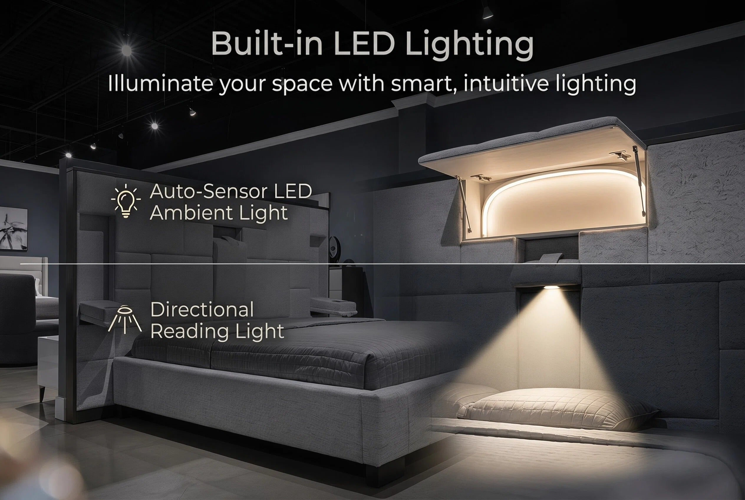 Upholstered Hydraulic Lift Storage Bed Frame With LED Light