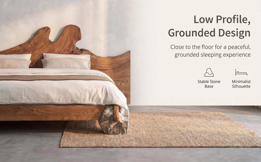 Live Edge Solid Wood Bed Natural Stone Support Bed Frame