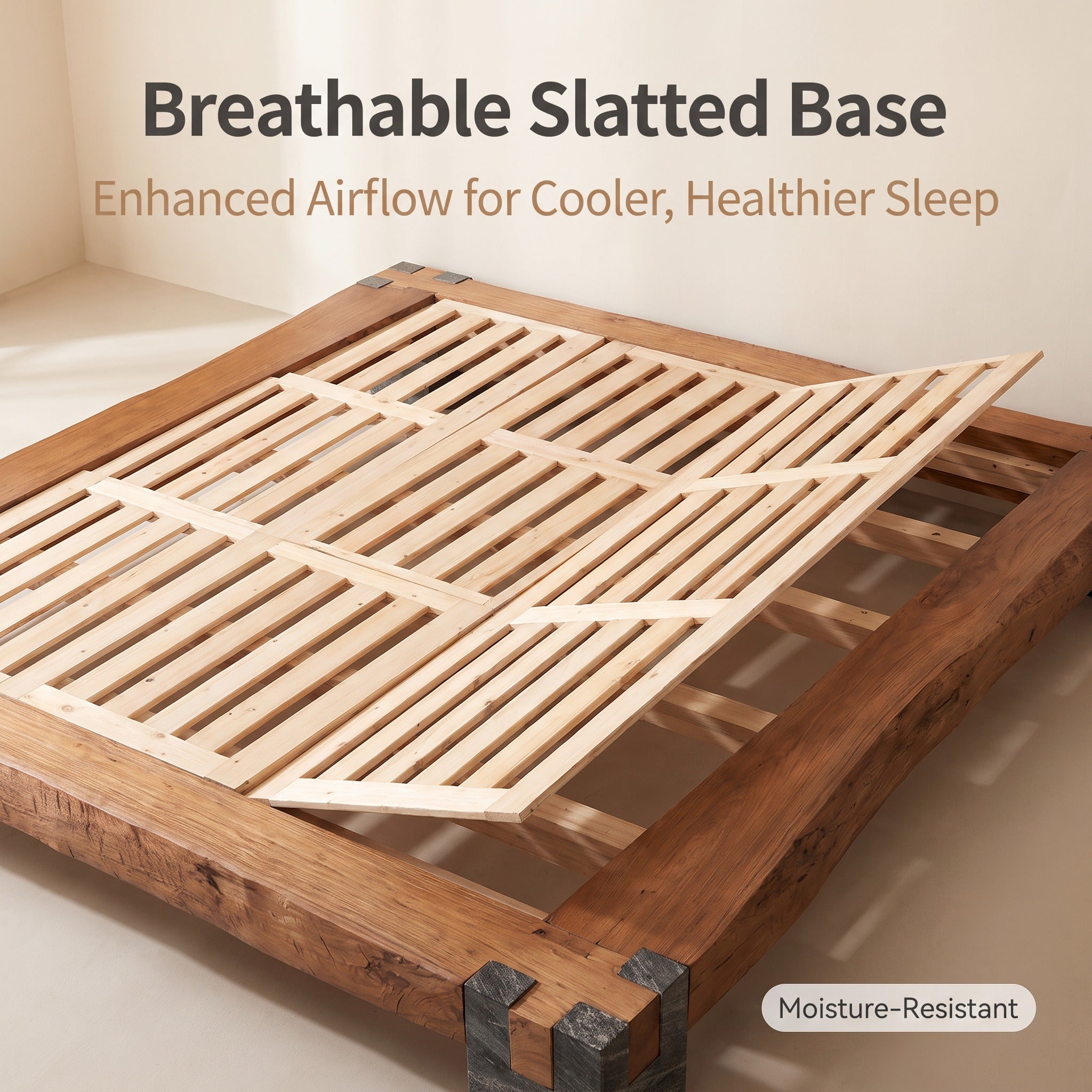 Live Edge Solid Wood Bed Natural Stone Support Bed Frame