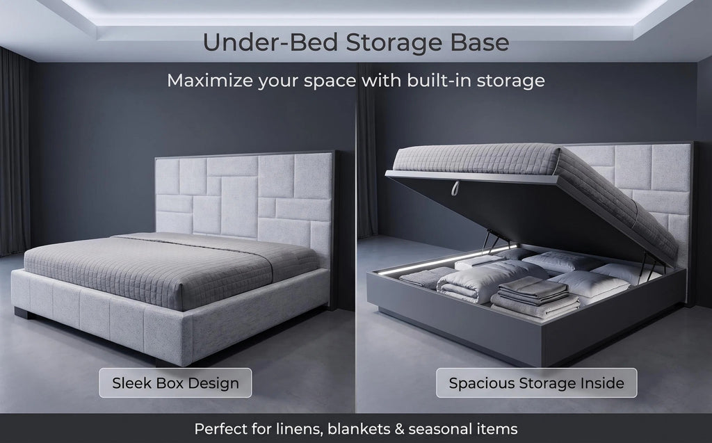 Upholstered Hydraulic Lift Storage Bed Frame With LED Light