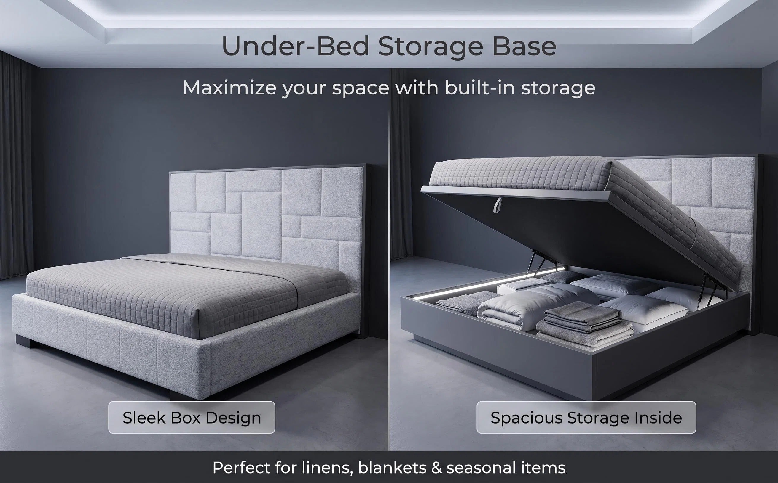 Upholstered Hydraulic Lift Storage Bed Frame With LED Light