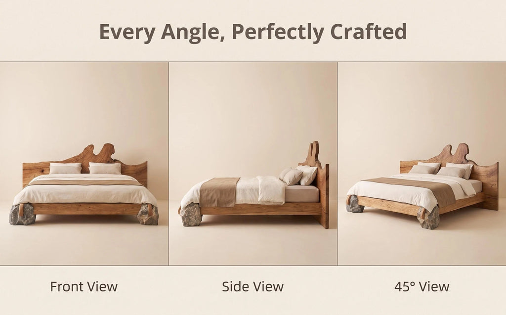Live Edge Solid Wood Bed Natural Stone Support Bed Frame
