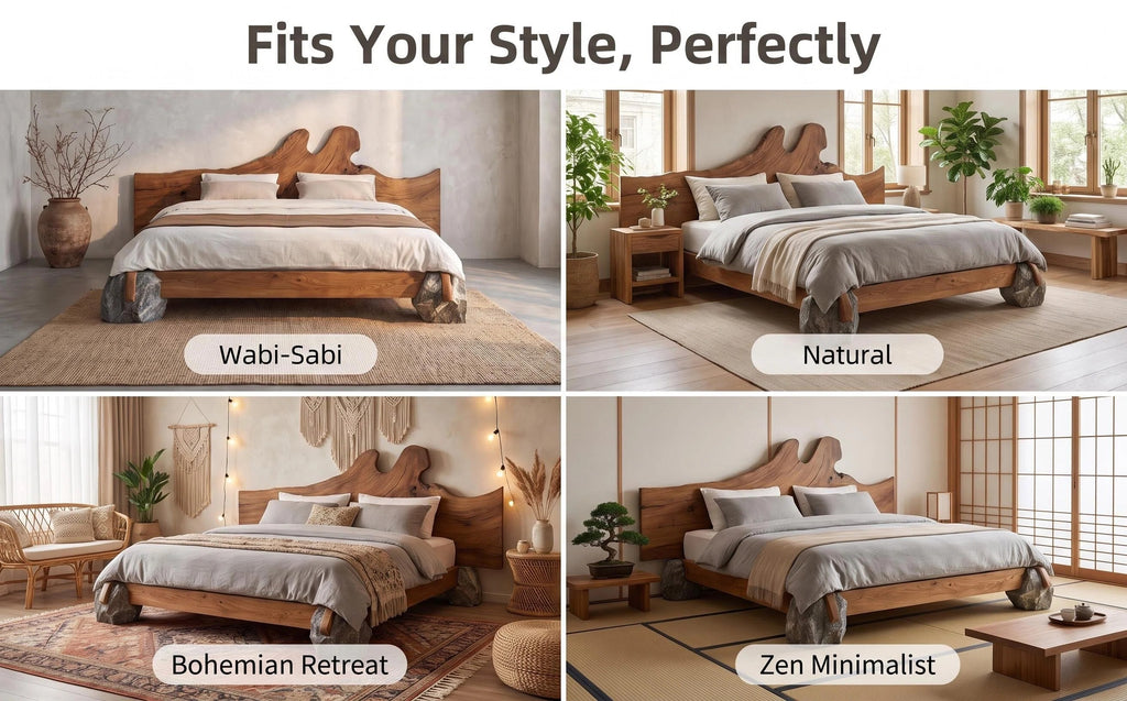 Live Edge Solid Wood Bed Natural Stone Support Bed Frame