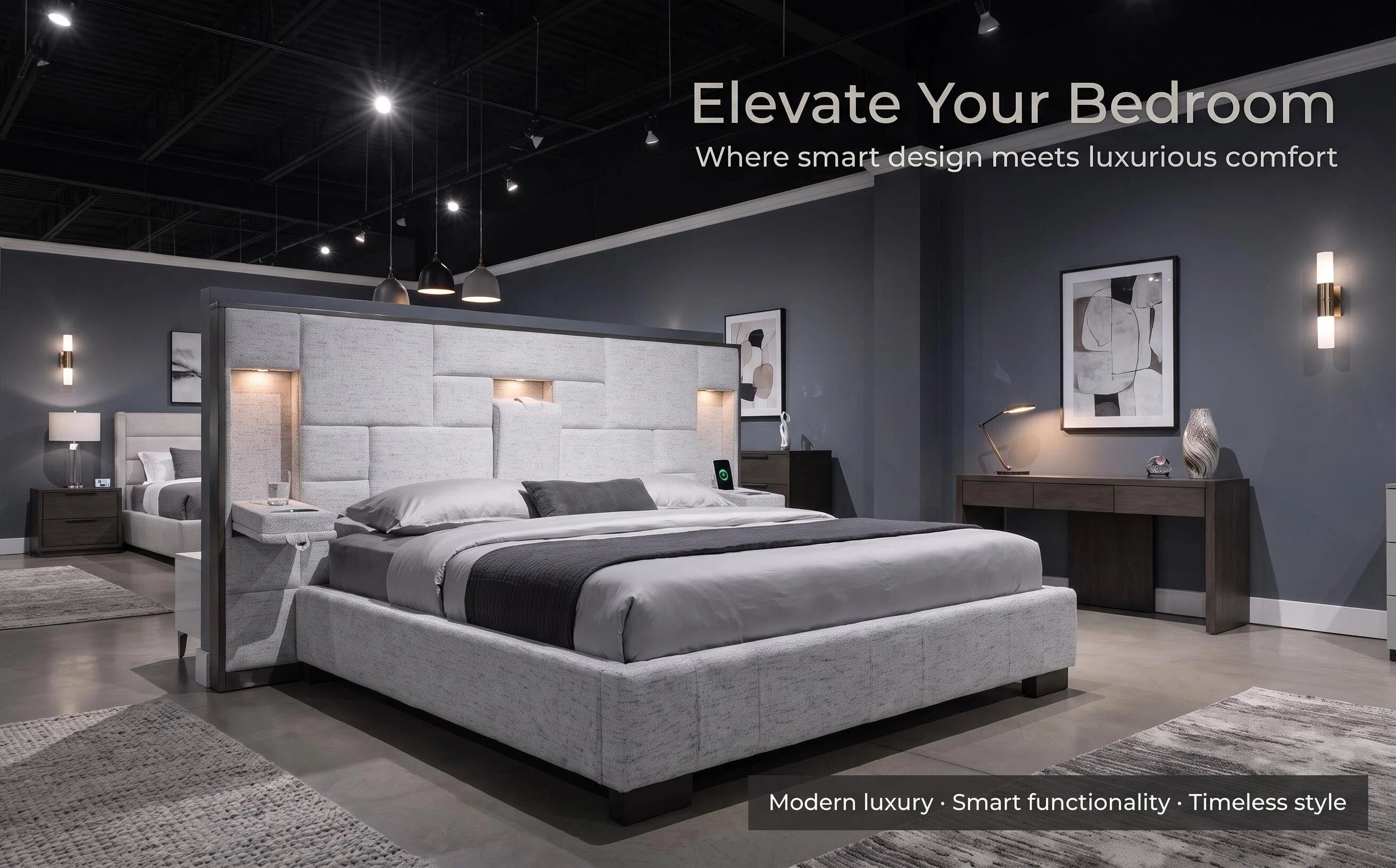 Upholstered Hydraulic Lift Storage Bed Frame With LED Light