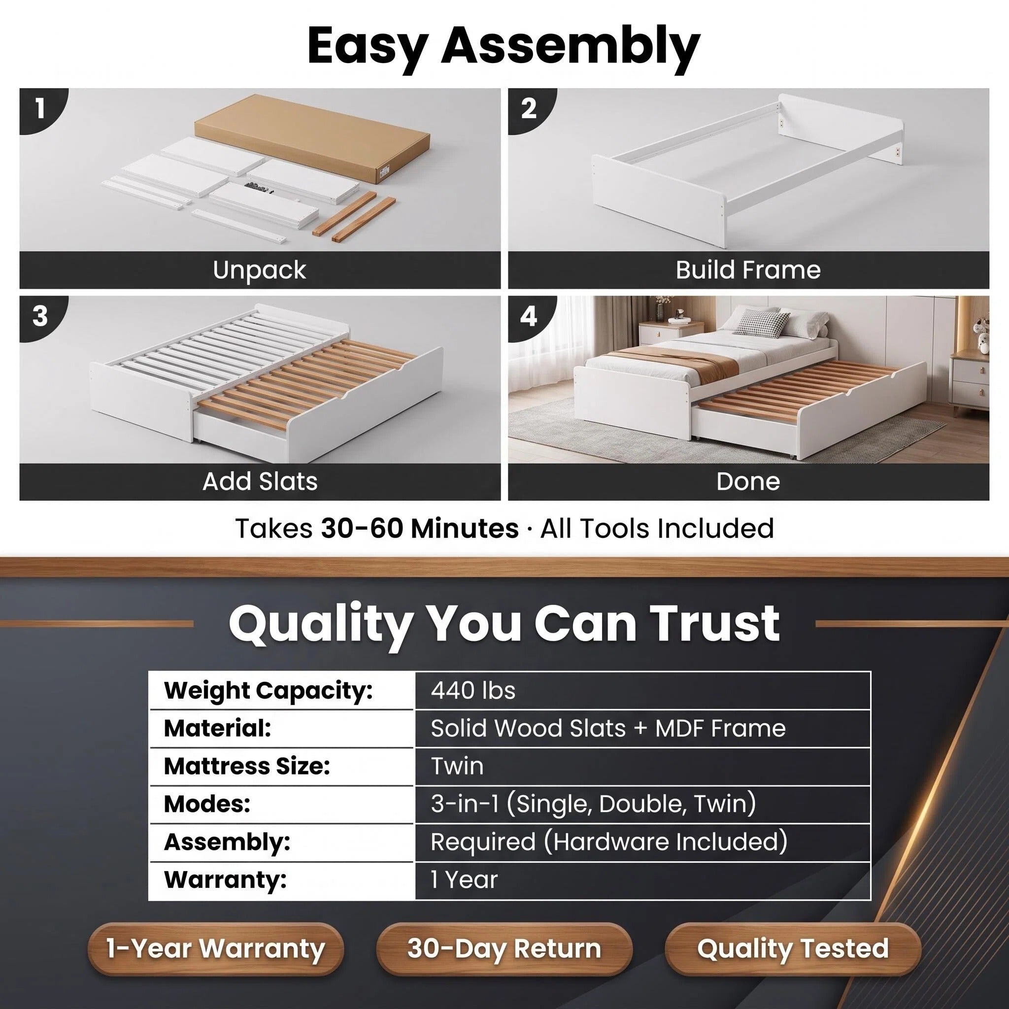 3‑in‑1 Expandable Convertible Bed Frame