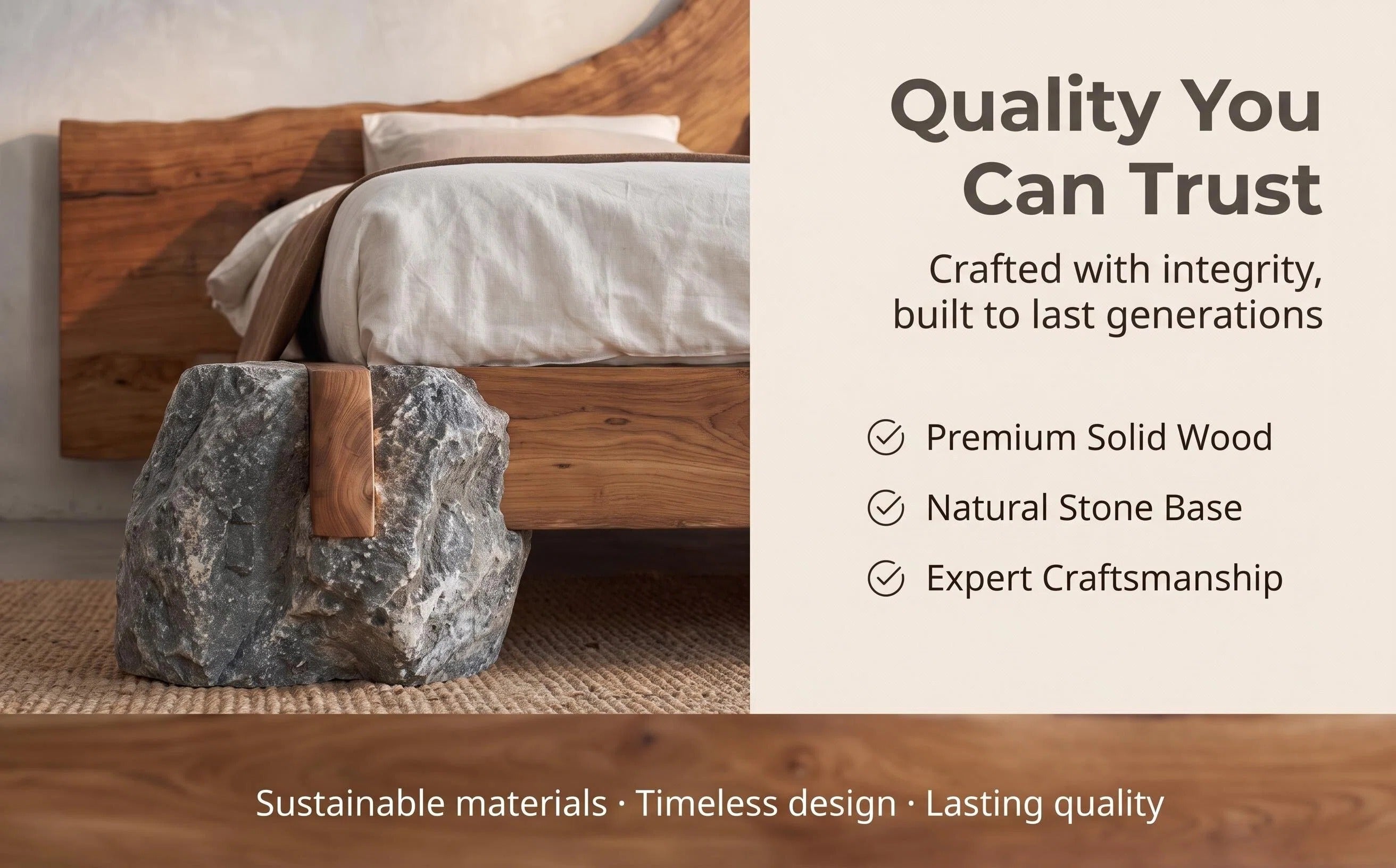Live Edge Solid Wood Bed Natural Stone Support Bed Frame