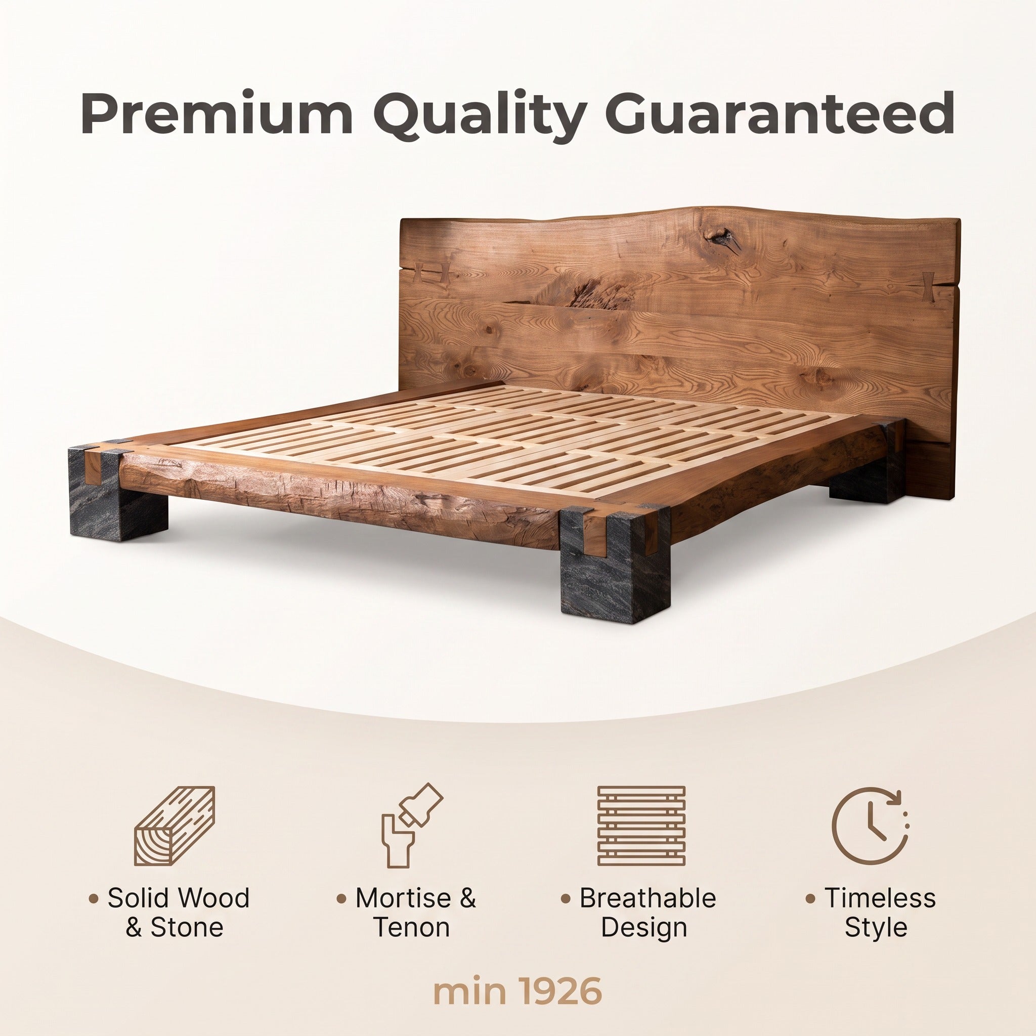 Live Edge Solid Wood Bed Natural Stone Support Bed Frame