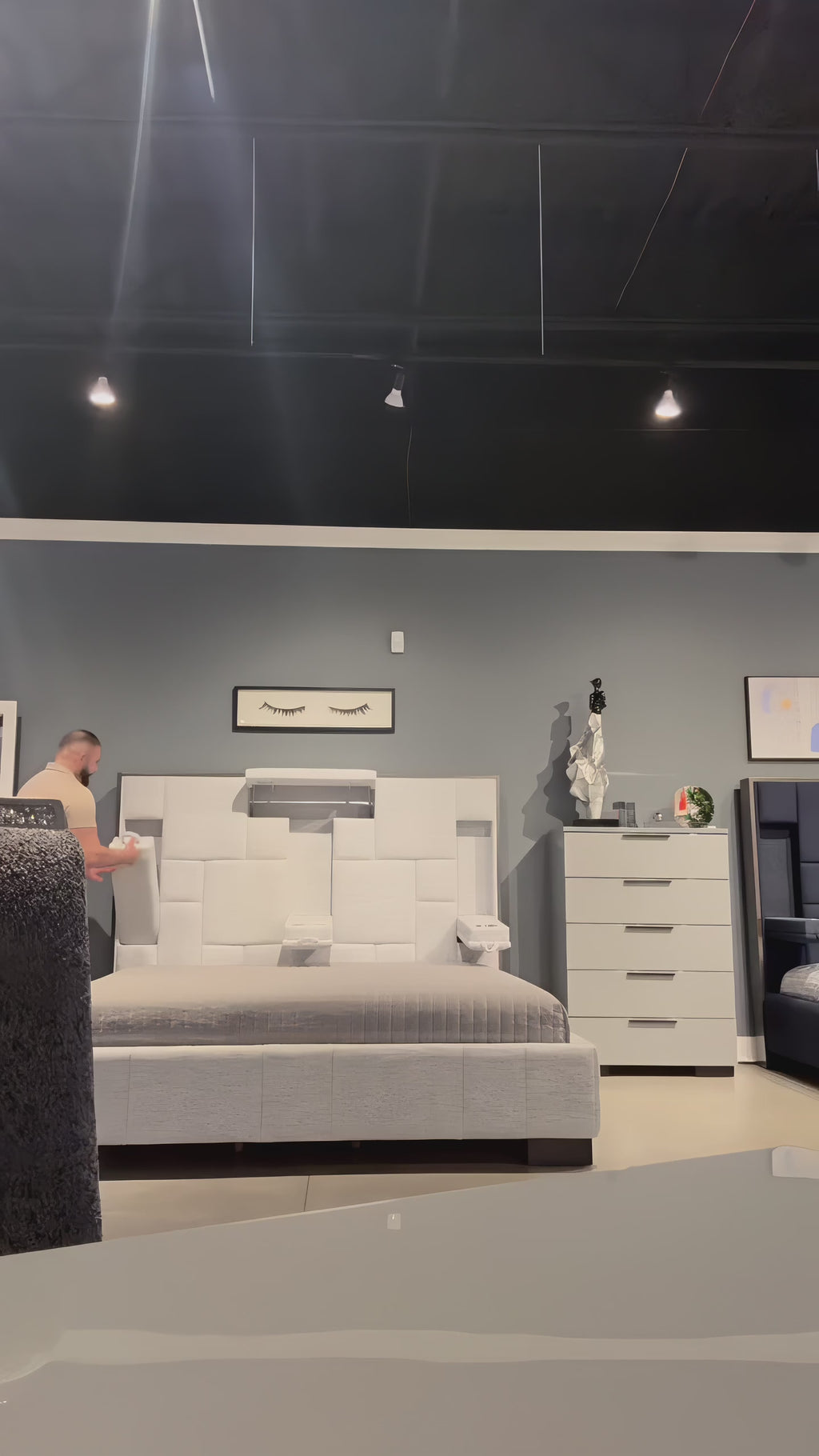 Upholstered Hydraulic Lift Storage Bed Frame With LED Light
