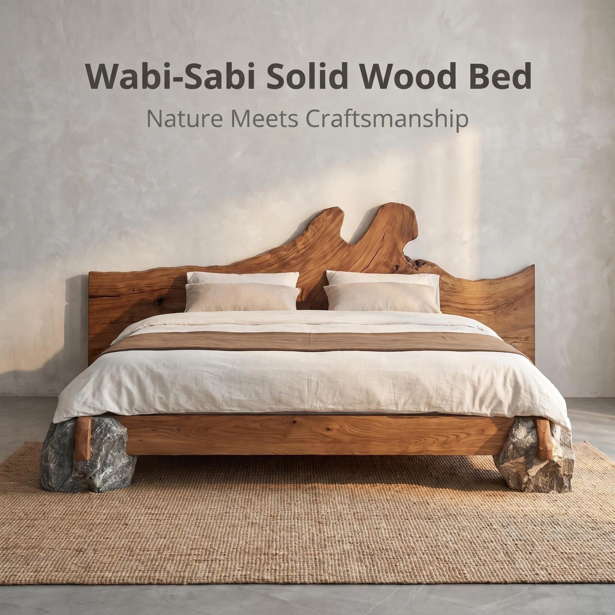 Live Edge Solid Wood Bed Natural Stone Support Bed Frame