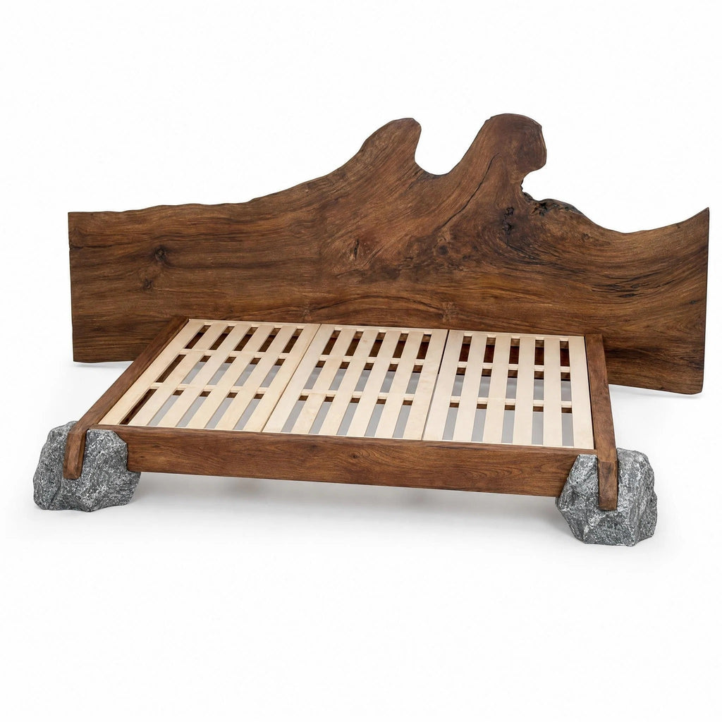 Live Edge Solid Wood Bed Natural Stone Support Bed Frame